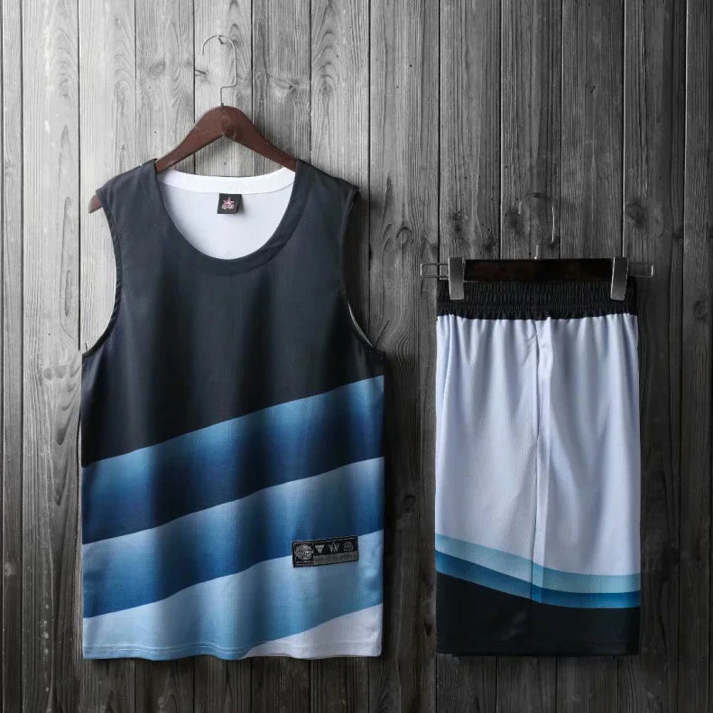 Personalized 2-piece basketball jersey set for men, women, and kids featuring breathable fabric and custom team lettering.