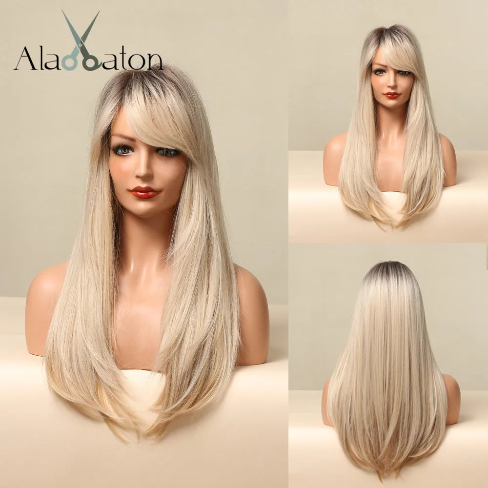 Long black and pink ombre synthetic wig with layered straight hair, ideal for cosplay and costume accessories.