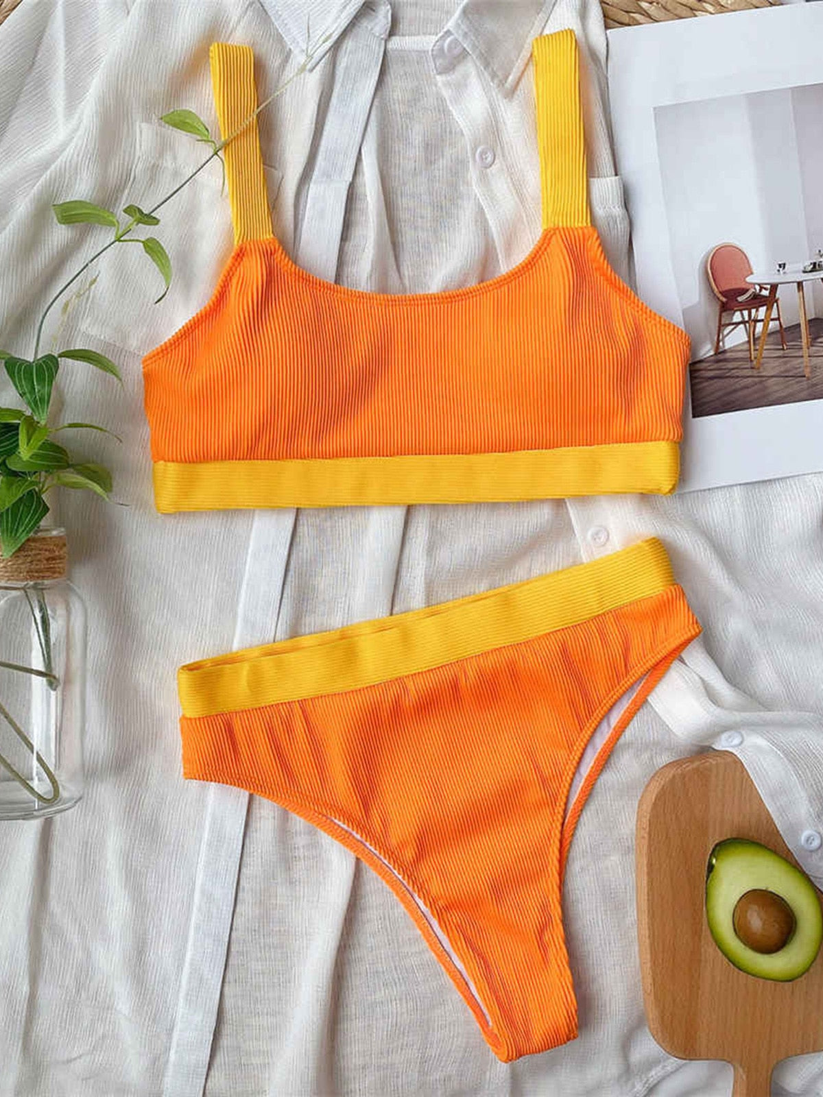 Ribbed splicing high waist bikini set from The Clothing Company Sydney, featuring a stylish two-piece bathing suit for women.