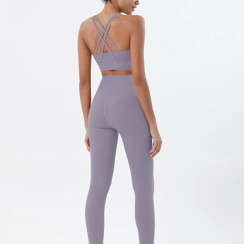 Nylon women's yoga set including breathable leggings and sports bra, fitness tracksuit by The Clothing Company Sydney.