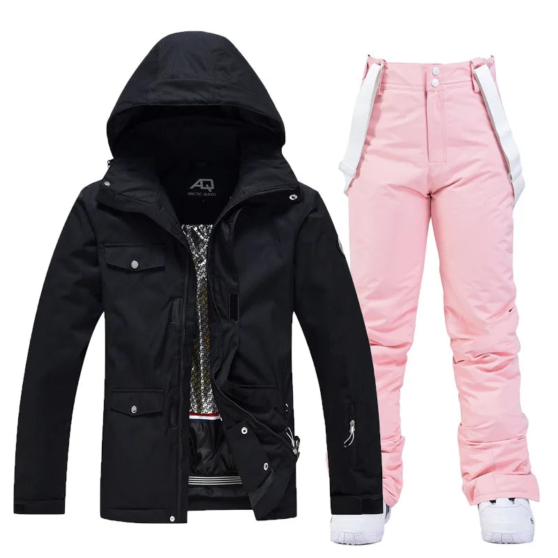 Women's waterproof ski suit by The Clothing Company Sydney with jacket and snow overalls, windproof winter snowboard clothing set