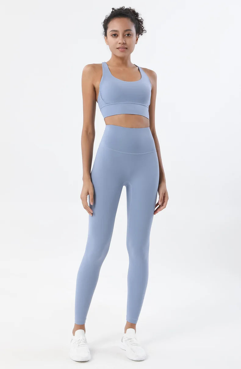 Nylon women's yoga and fitness set with breathable sports bra and leggings, from The Clothing Company Sydney.