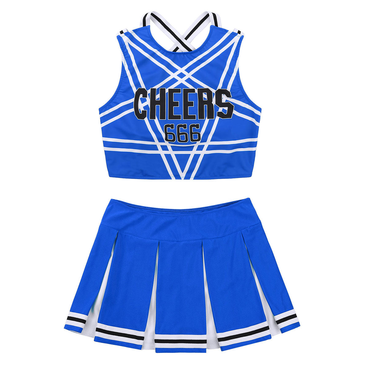 Women's cheerleader cosplay costume with stand collar crop top and mini pleated skirt, ideal for carnival or cheerleading events.
