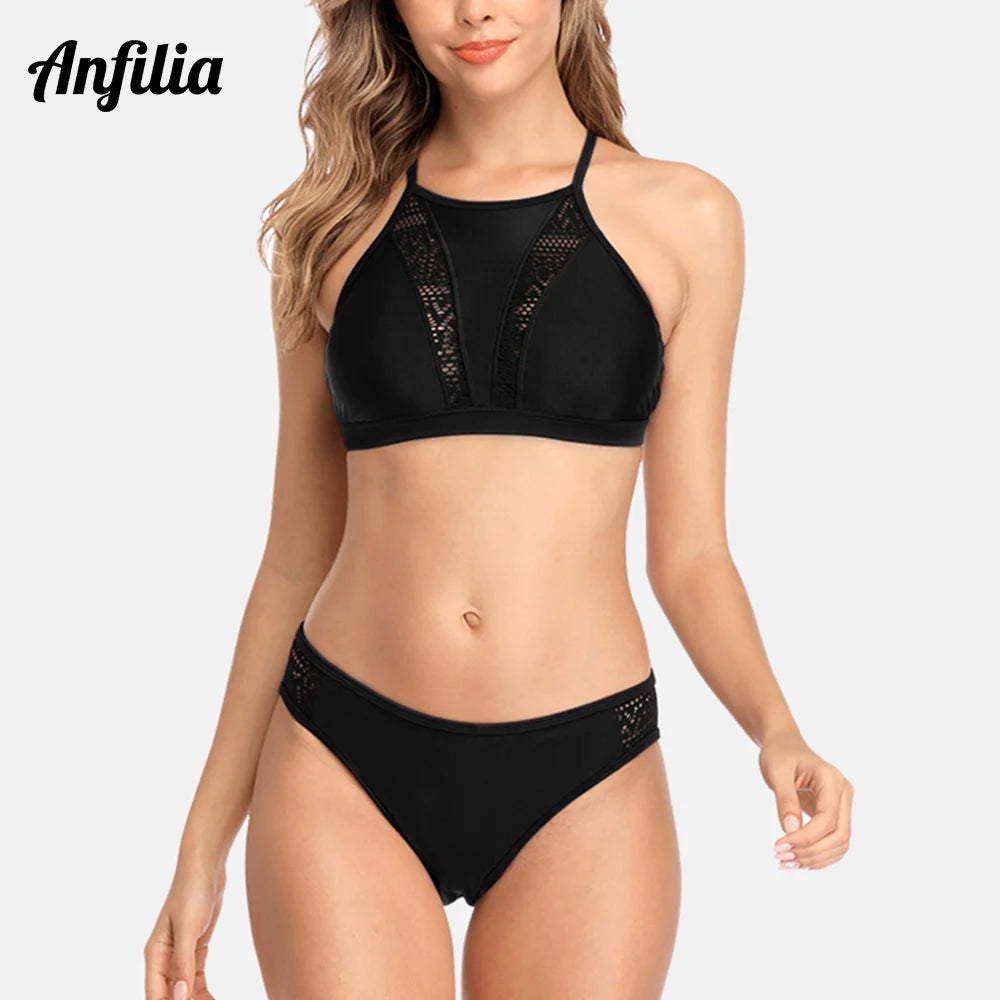 Women’s high neck bikini set by The Clothing Company Sydney featuring a hollow out bandage design, perfect for beachwear.