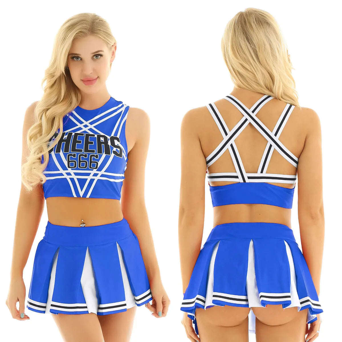 Women's cheerleader cosplay costume with stand collar crop top and mini pleated skirt, by The Clothing Company Sydney.