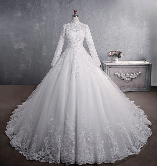 Elegant High Neck With Train Princess Bride Dress Luxury Lace Embroidery Wedding Gown Wedding Dress - The Clothing Company Sydney
