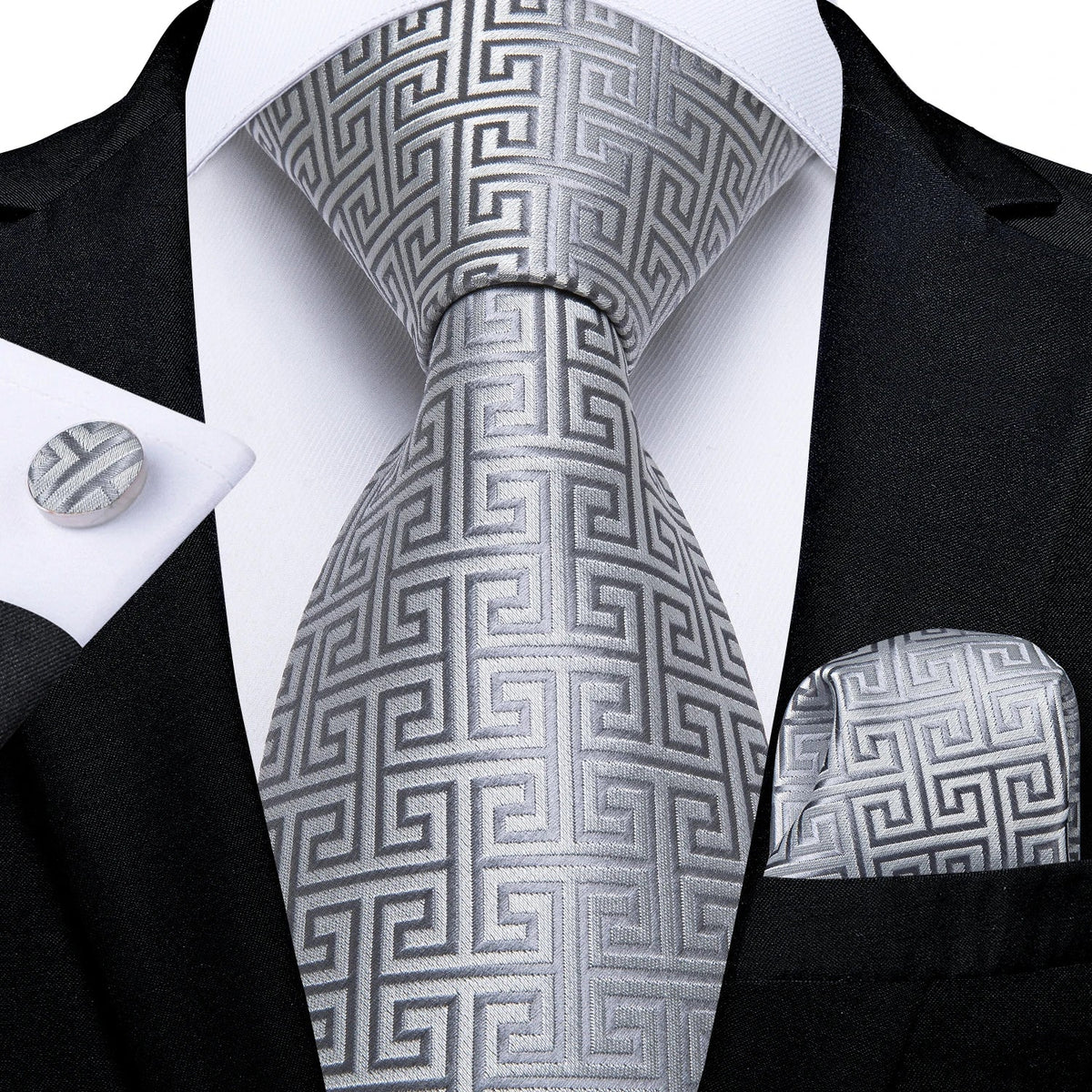 Men's gray paisley silk tie set with pocket square and cufflinks, featuring the Clothing Company Sydney branding.