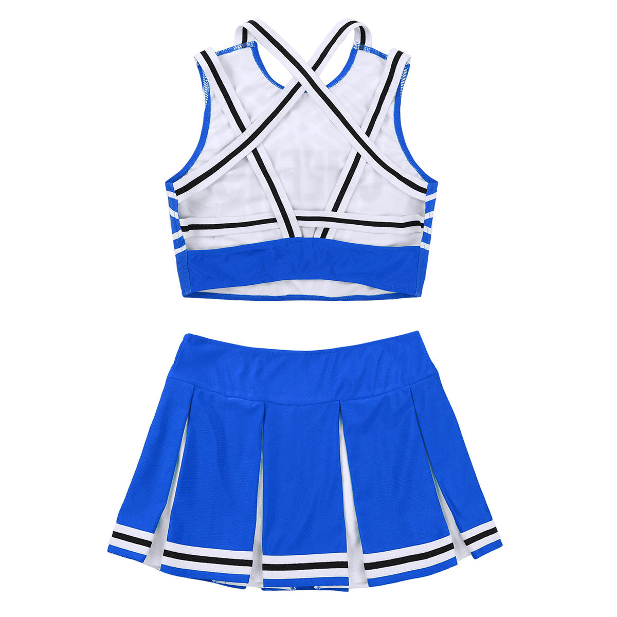 Women's cheerleader cosplay costume from The Clothing Company Sydney, featuring a stand collar crop top and pleated mini skirt.