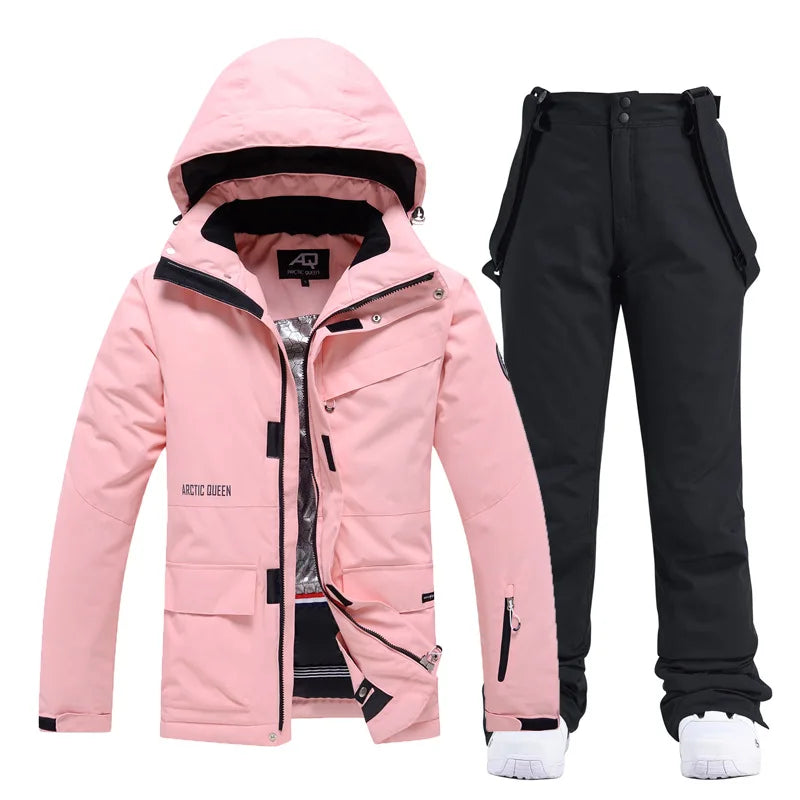 Two-piece women's ski suit by The Clothing Company Sydney, waterproof and windproof snowboard clothing set with jacket and pants.