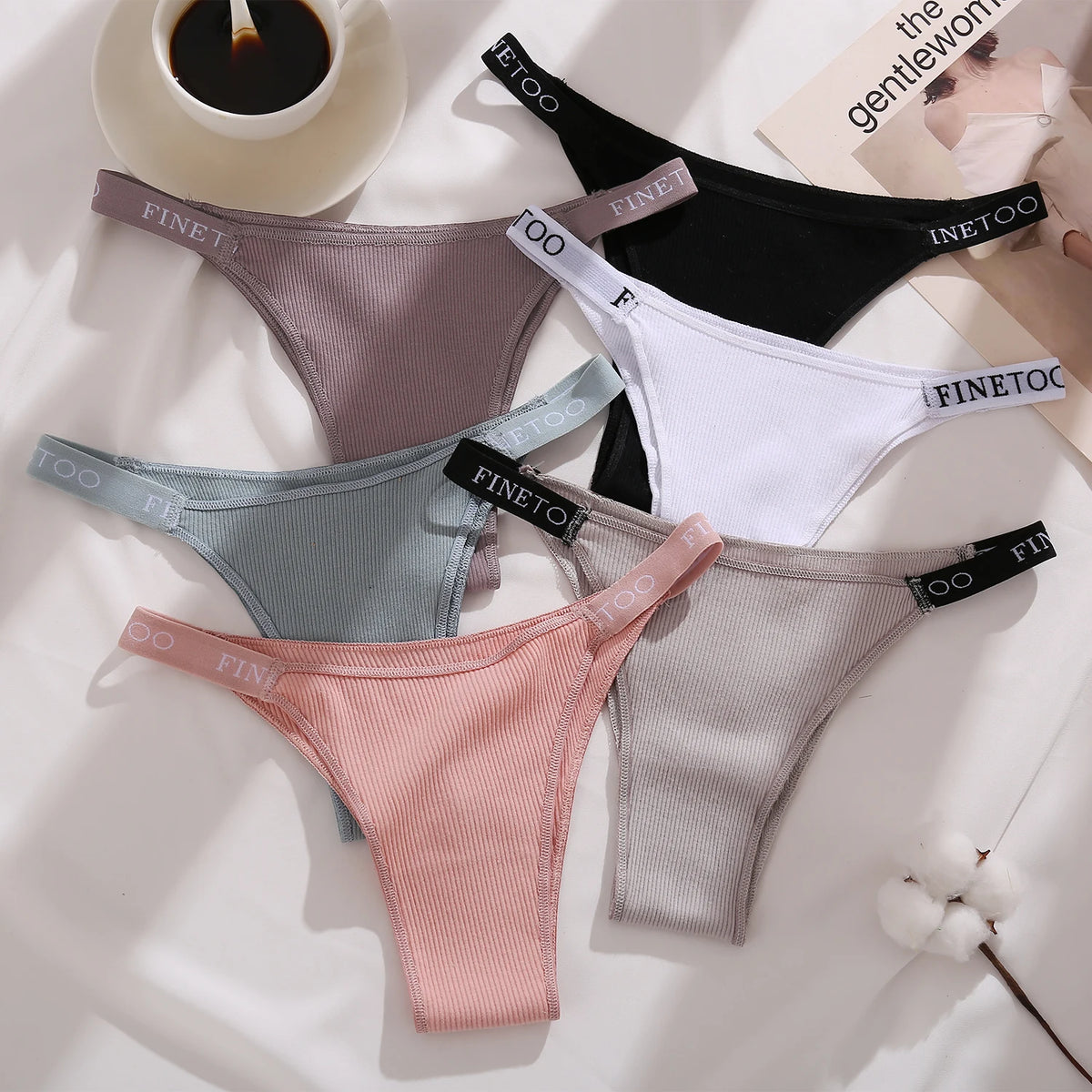 Five-pack women's cotton lingerie briefs with low waist design, soft comfort, and letter print, from The Clothing Company Sydney.