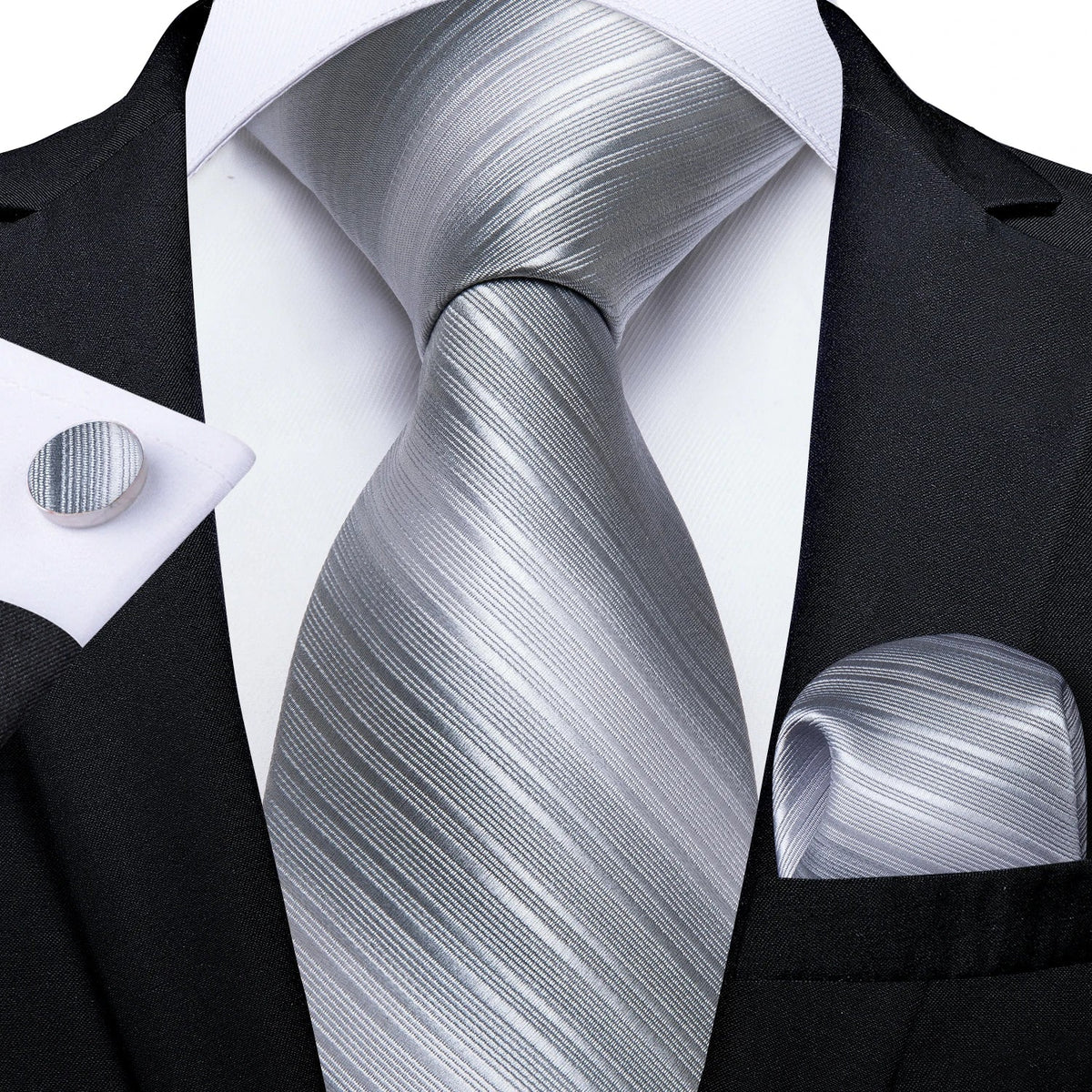 Men's gray paisley silk tie set with matching pocket square and cufflinks, perfect for weddings, by The Clothing Company Sydney.