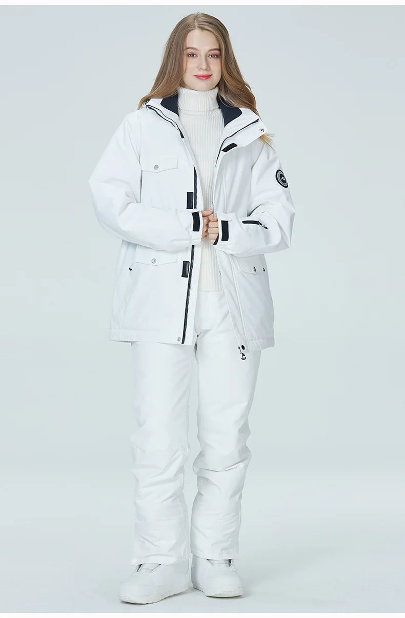 Women's waterproof ski suit set by The Clothing Company Sydney with jacket and snow overalls for skiing and snowboarding.