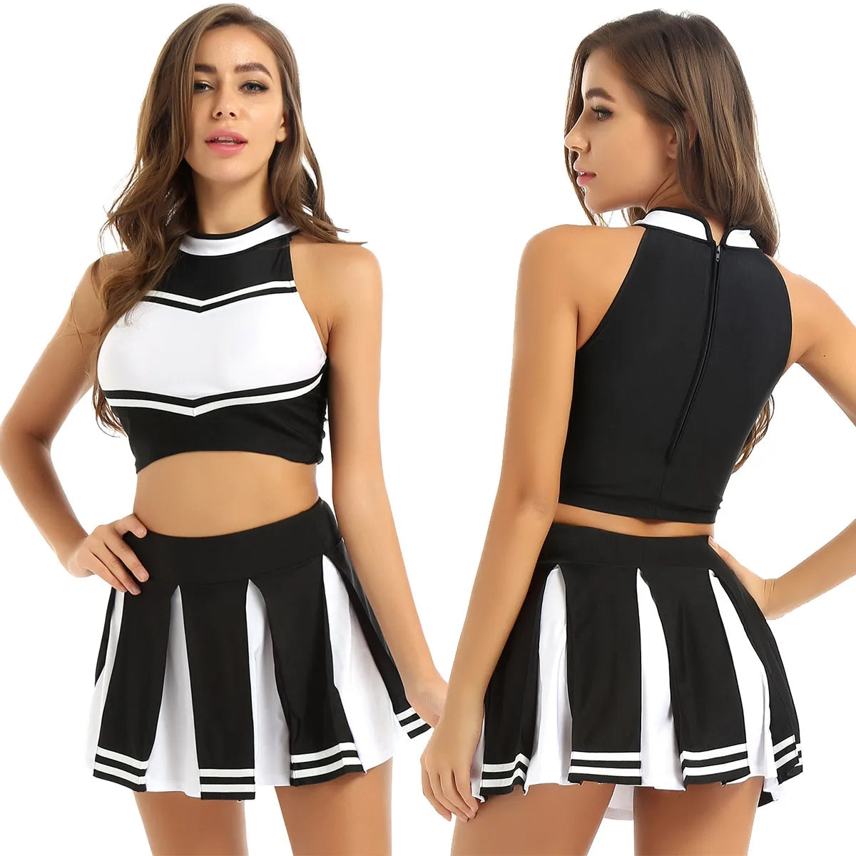 Women's cheerleader cosplay costume with stand collar crop top and pleated mini skirt, by The Clothing Company Sydney.