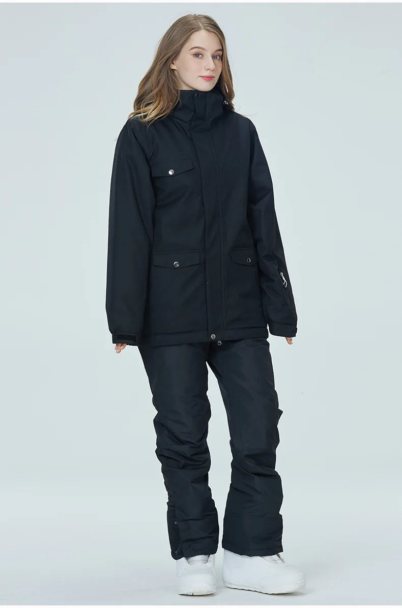 Women's waterproof ski suit by The Clothing Company Sydney, includes snowboard jacket and snow overalls for winter sports.