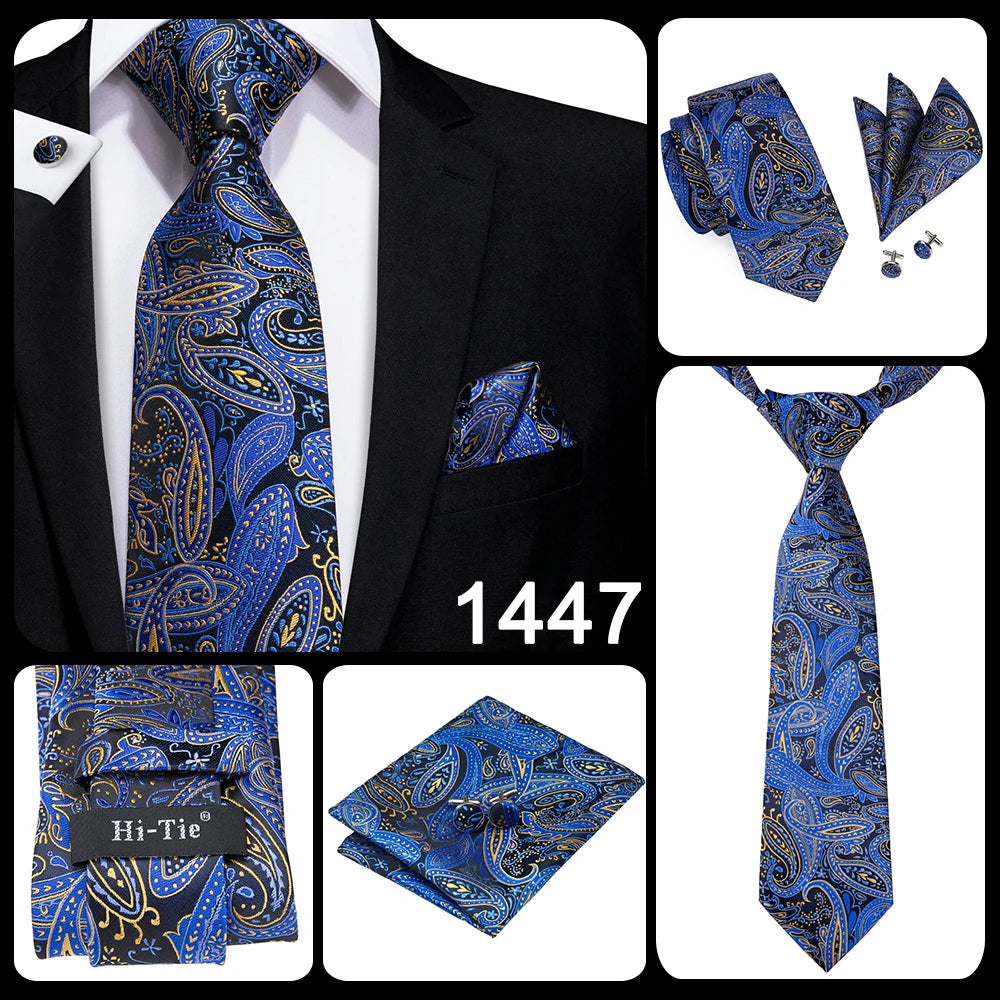 Blue paisley silk tie set including necktie, cufflinks, and hanky from The Clothing Company Sydney for men's accessories.