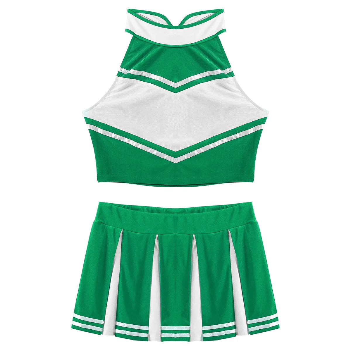 Women's cheerleader cosplay costume featuring a stand collar crop top and mini pleated skirt in vibrant carnival style.