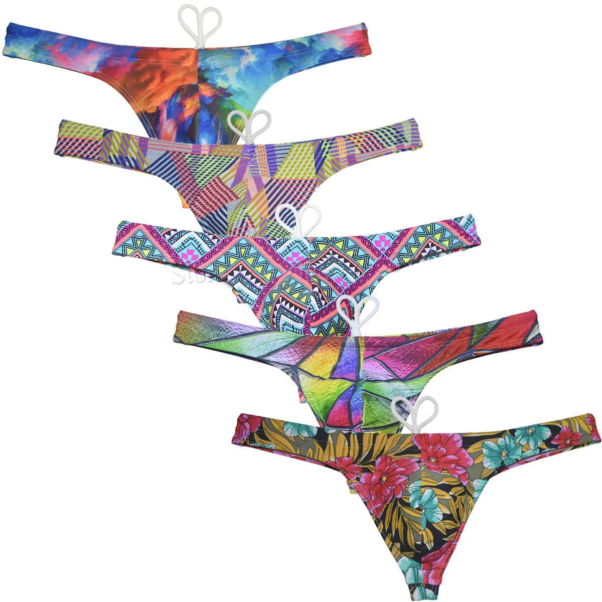 Men's printed bikini swim thong from The Clothing Company Sydney, featuring smooth T-back design and minimal beachwear style.
