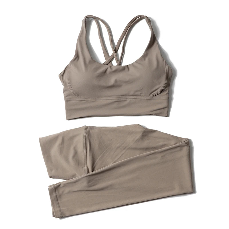 Nylon women's yoga tracksuit by The Clothing Company Sydney, includes breathable sports bra and matching leggings for fitness workouts.