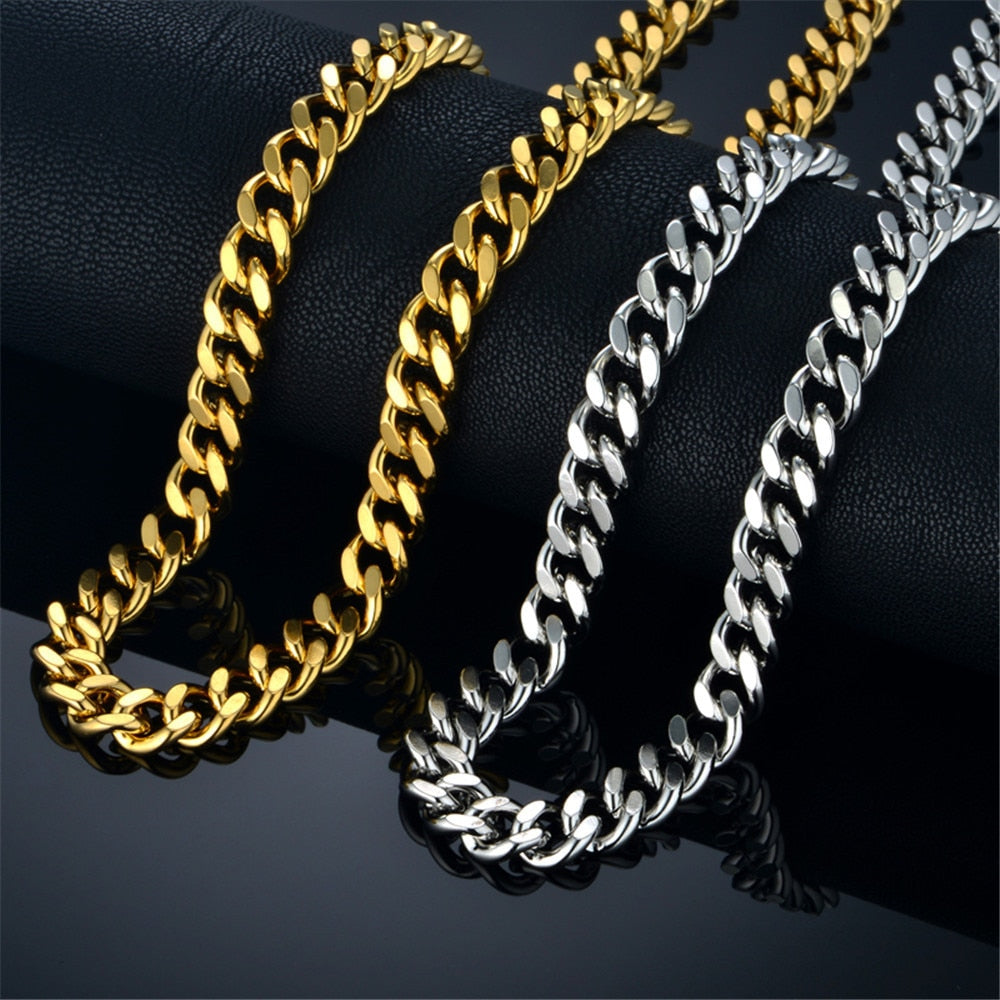 Unisex heavy gold chain necklace with a long Cuban design, stainless steel hip hop style for men and women.