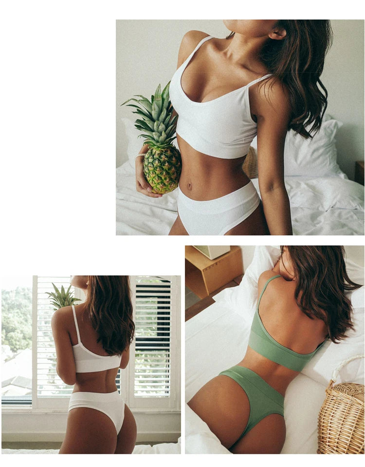 Women Seamless Bra Set Thong Low Waist Panties Wire Free Bra Bralette Lingerie Brassiere Cotton Underwear Set The Clothing Company Sydney