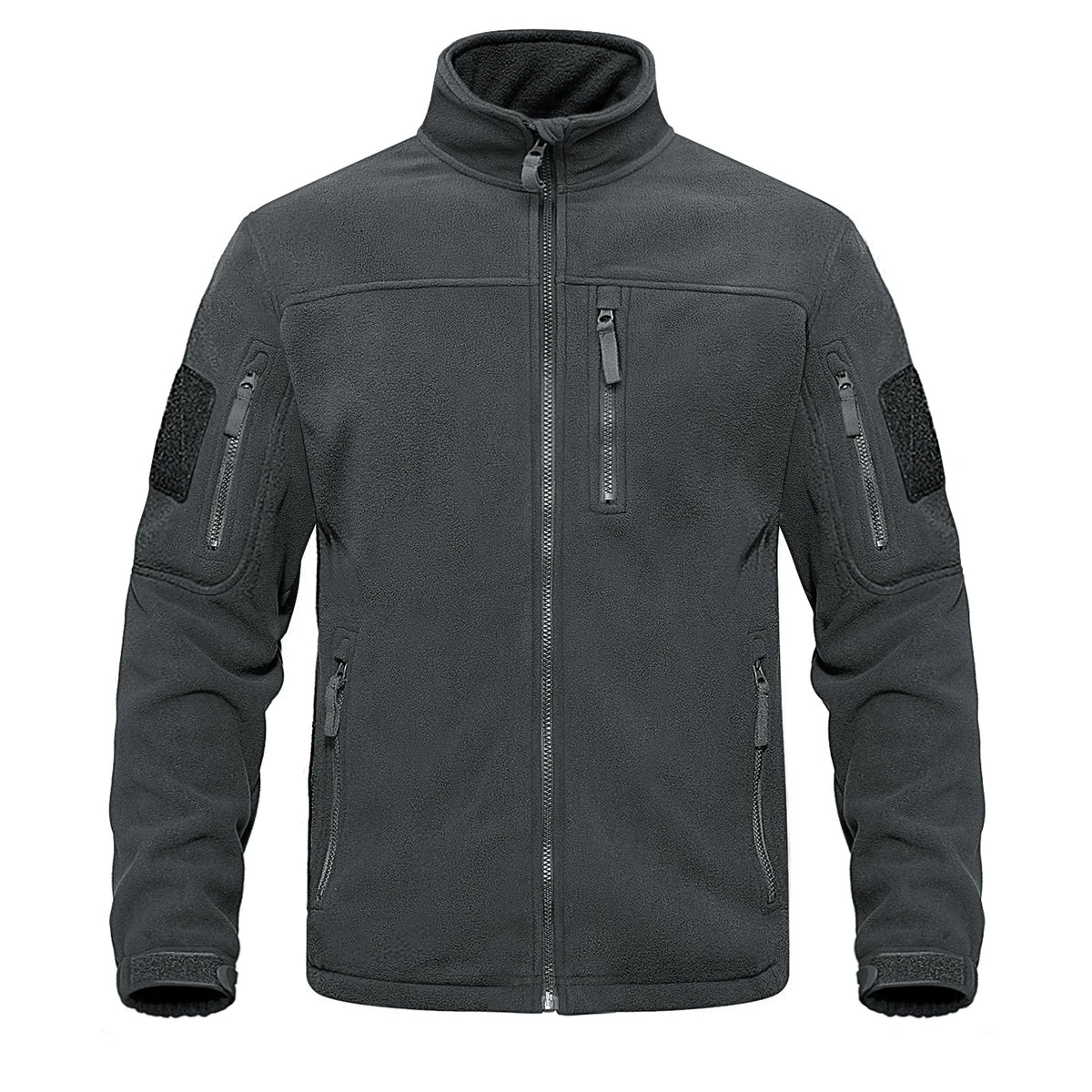 Men's full zip green tactical fleece jacket with thermal lining, multiple pockets, suitable for hiking, outdoor work, and safari adventures.