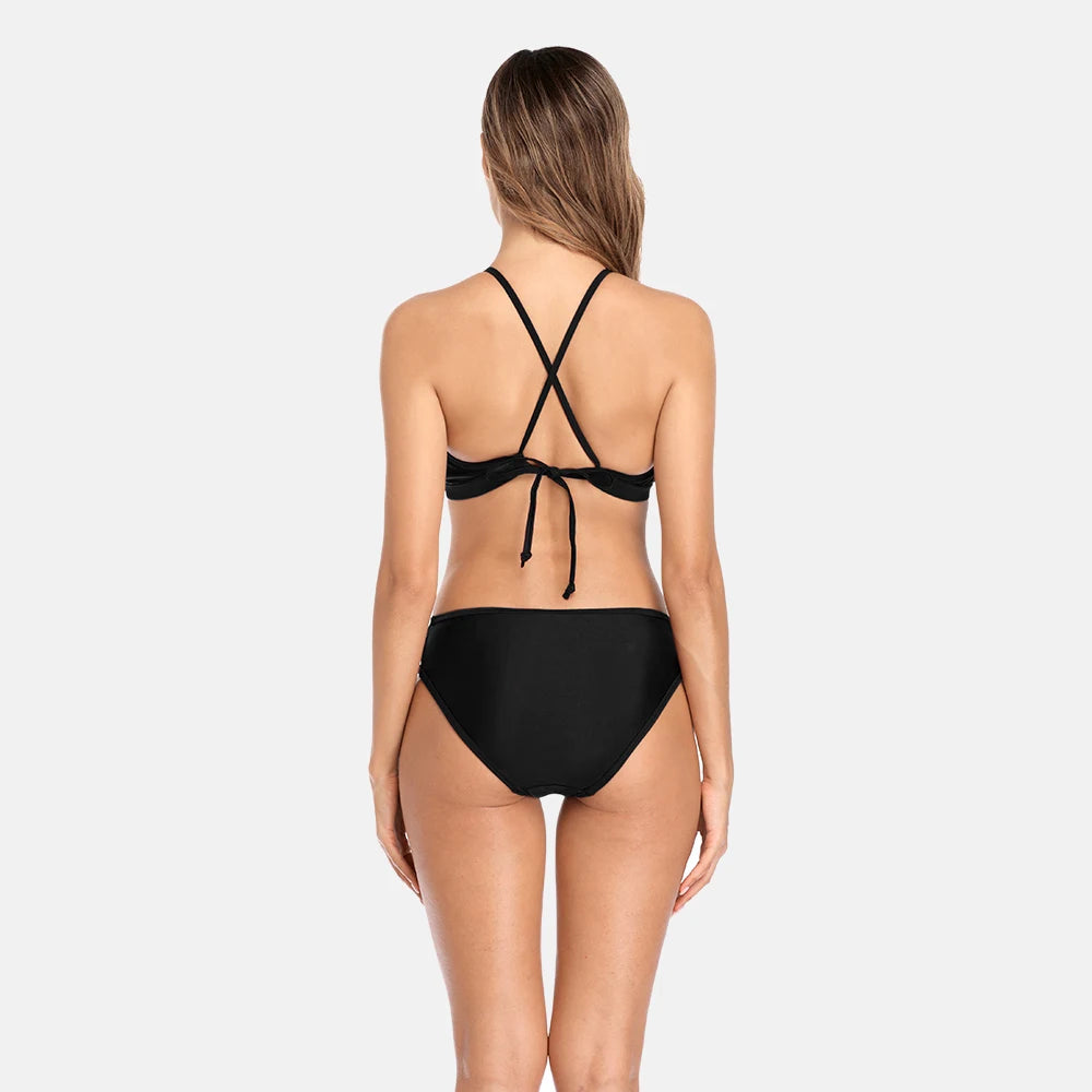 Women's high-neck bikini swimsuit with hollow-out bandage design, from The Clothing Company Sydney, perfect for beachwear.