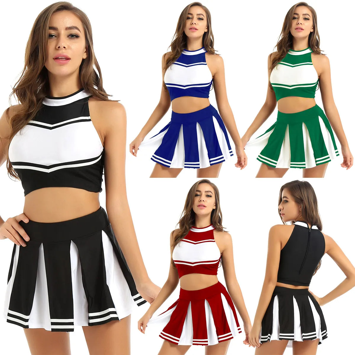 Women's cheerleader cosplay costume with stand collar crop top and mini pleated skirt, from The Clothing Company Sydney.