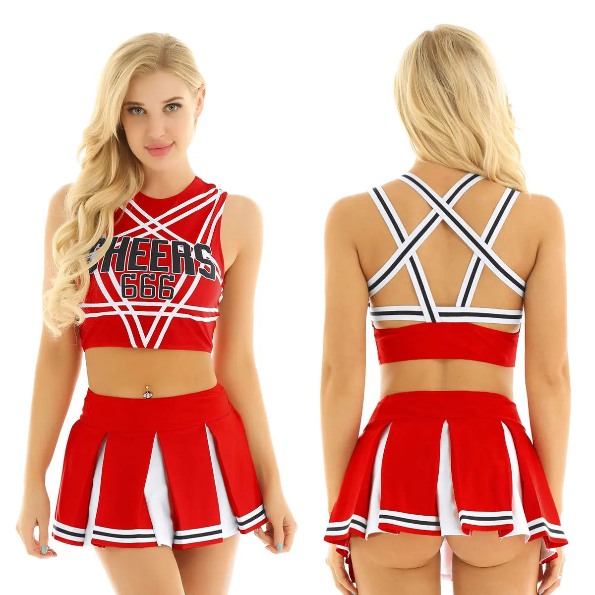 Women's cheerleader cosplay costume with stand collar crop top and mini pleated skirt, perfect for carnival cheerleading outfits.