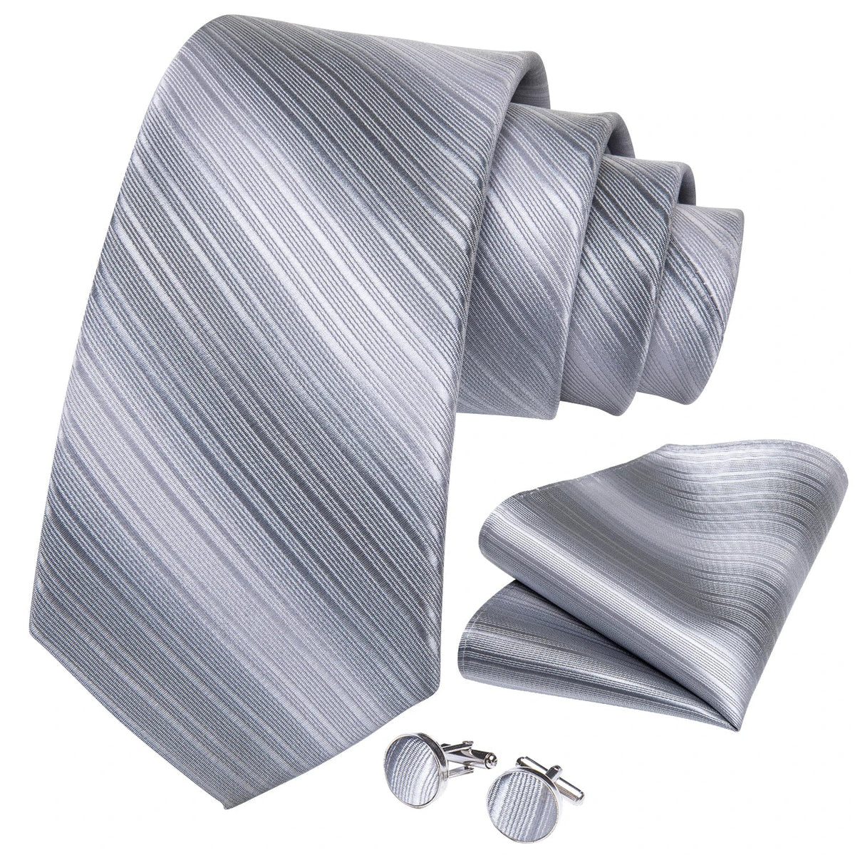 Men's gray paisley silk tie set with wedding tie, pocket square, and cufflinks, featuring elegant, detailed patterns and accessories.