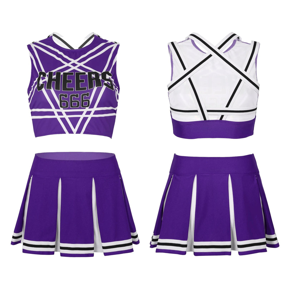 Women's cheerleader cosplay costume with stand collar crop top and mini pleated skirt for carnival or cheerleading events.