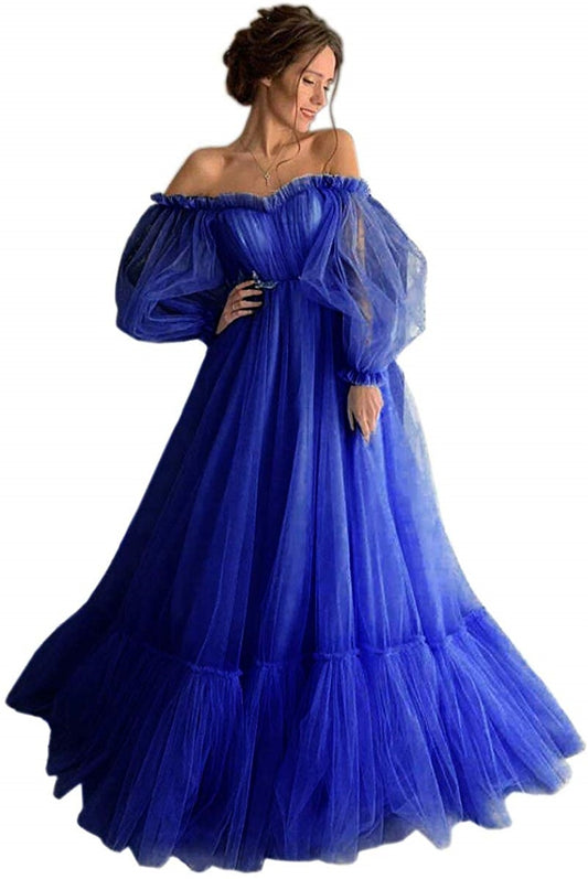 Blue Prom Dresses Long Sleeve Off the Shoulder Princess Dress Tulle Lace-up Formal Evening Party Dresses Plus Size The Clothing Company Sydney