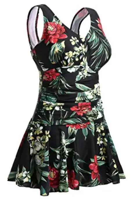 Women’s floral print modest swim dress by The Clothing Company Sydney, plus-size padded one-piece swimsuit with full coverage.