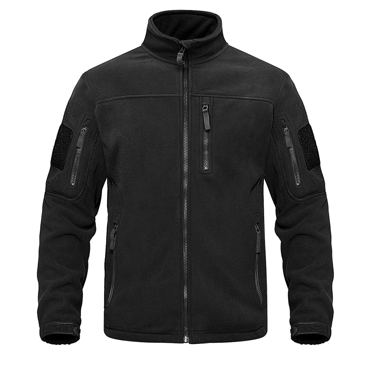 Men's green tactical fleece jacket with full zipper, thermal lining, multiple pockets, windbreaker style for outdoor work and hiking.