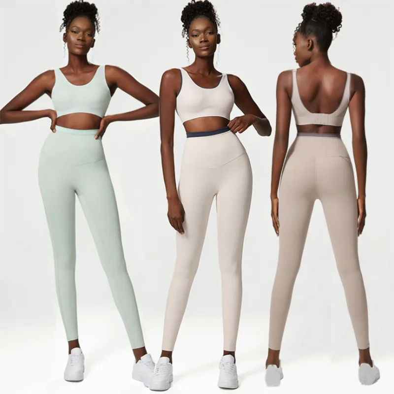 Two-piece women's yoga fitness set including high-waist leggings and a gym bra from The Clothing Company Sydney, shown in black.