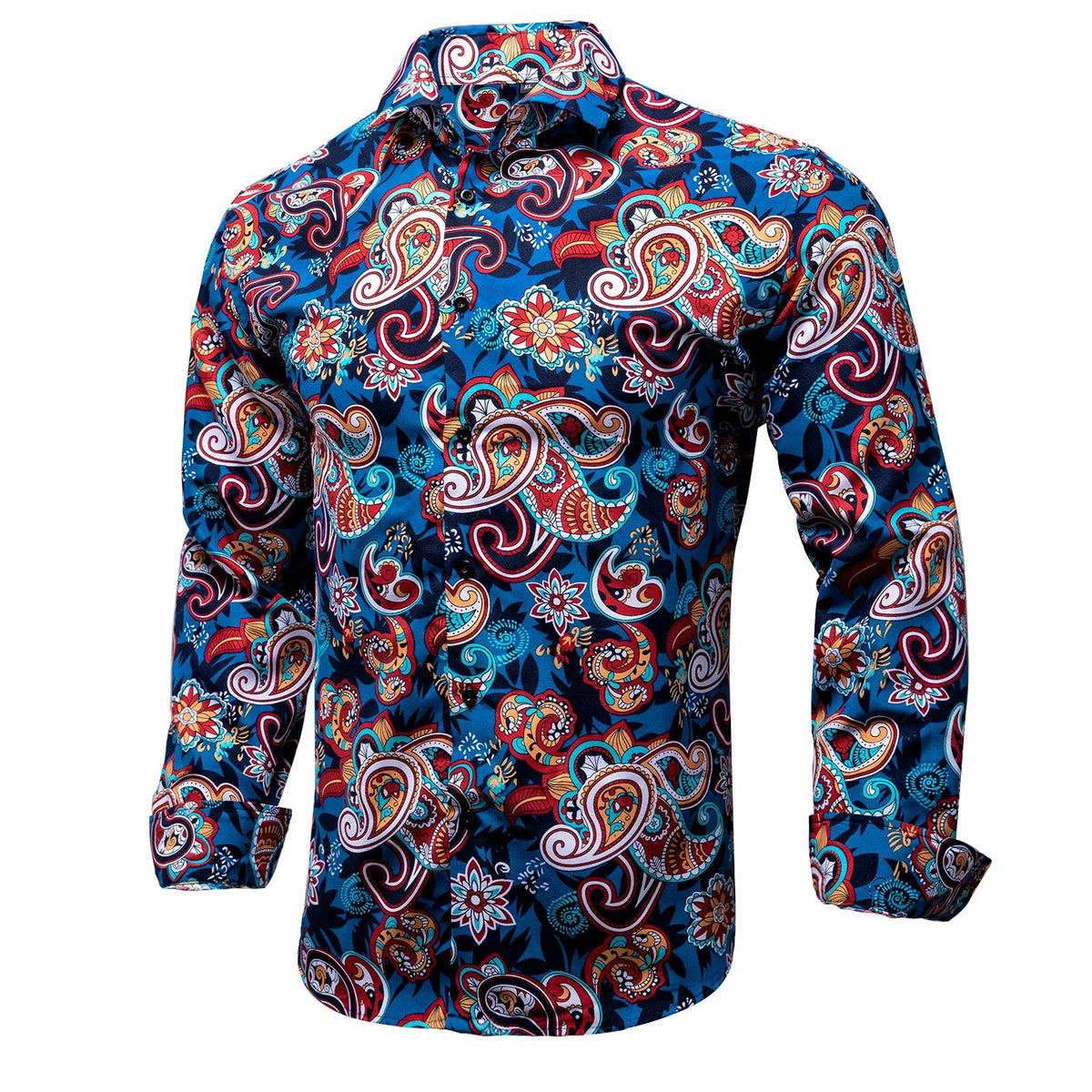 Men's paisley floral silk dress shirt with long sleeves, gold color, suitable for business, party, or wedding occasions.