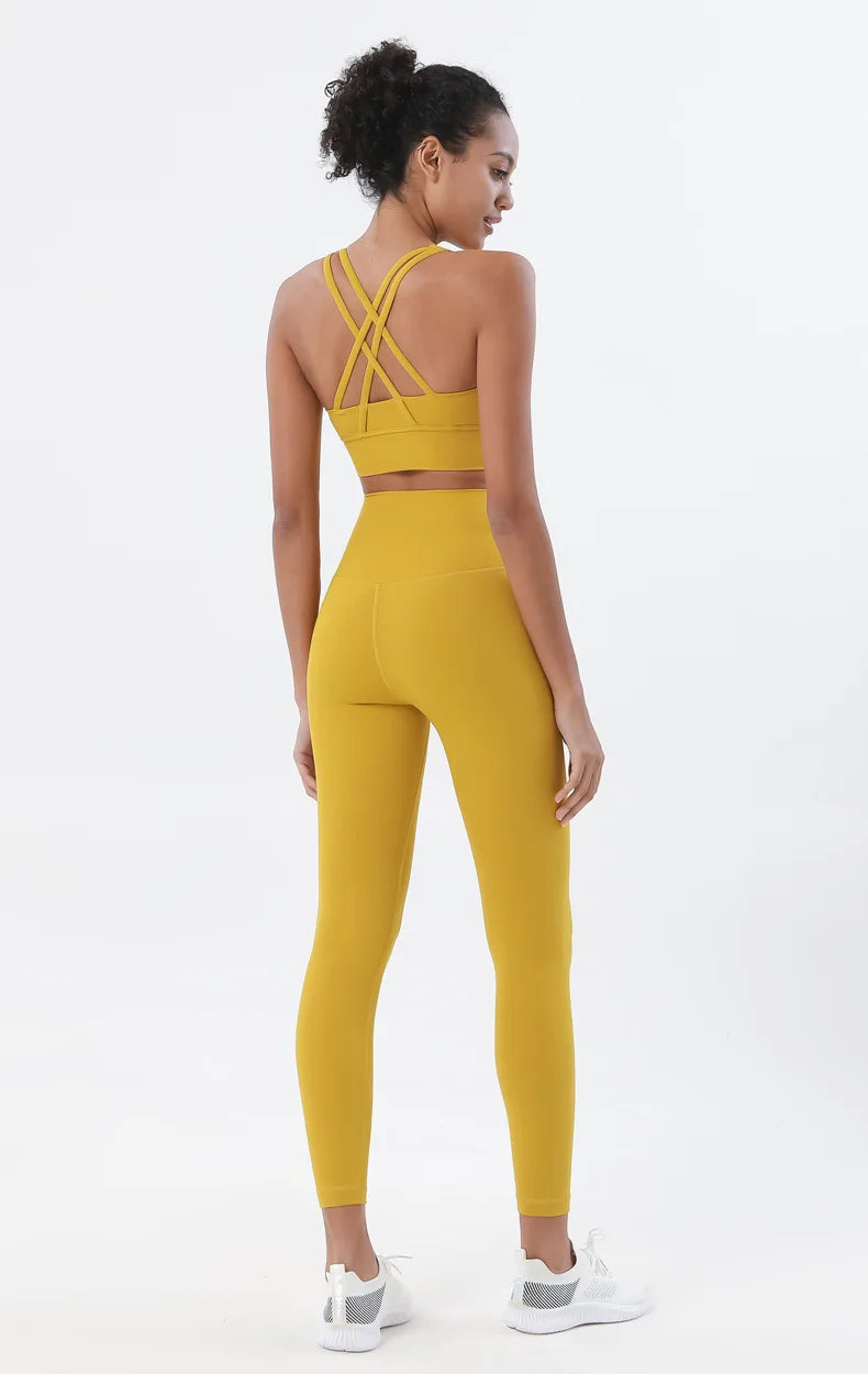 Nylon women's yoga and fitness set with leggings and sports bra, breathable sportswear from The Clothing Company Sydney.