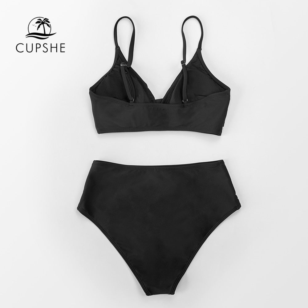 Solid black twist high waist bikini set from The Clothing Company Sydney, featuring a V-neck tank top and two-piece swimwear.