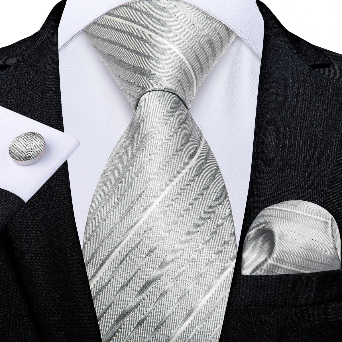 Men's gray paisley silk tie set including wedding tie, pocket square, and cufflinks from The Clothing Company Sydney.