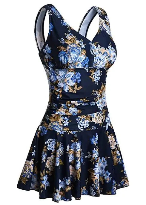 Women’s floral print plus-size modest swim dress by The Clothing Company Sydney, padded one-piece swimsuit for comfortable swimming.