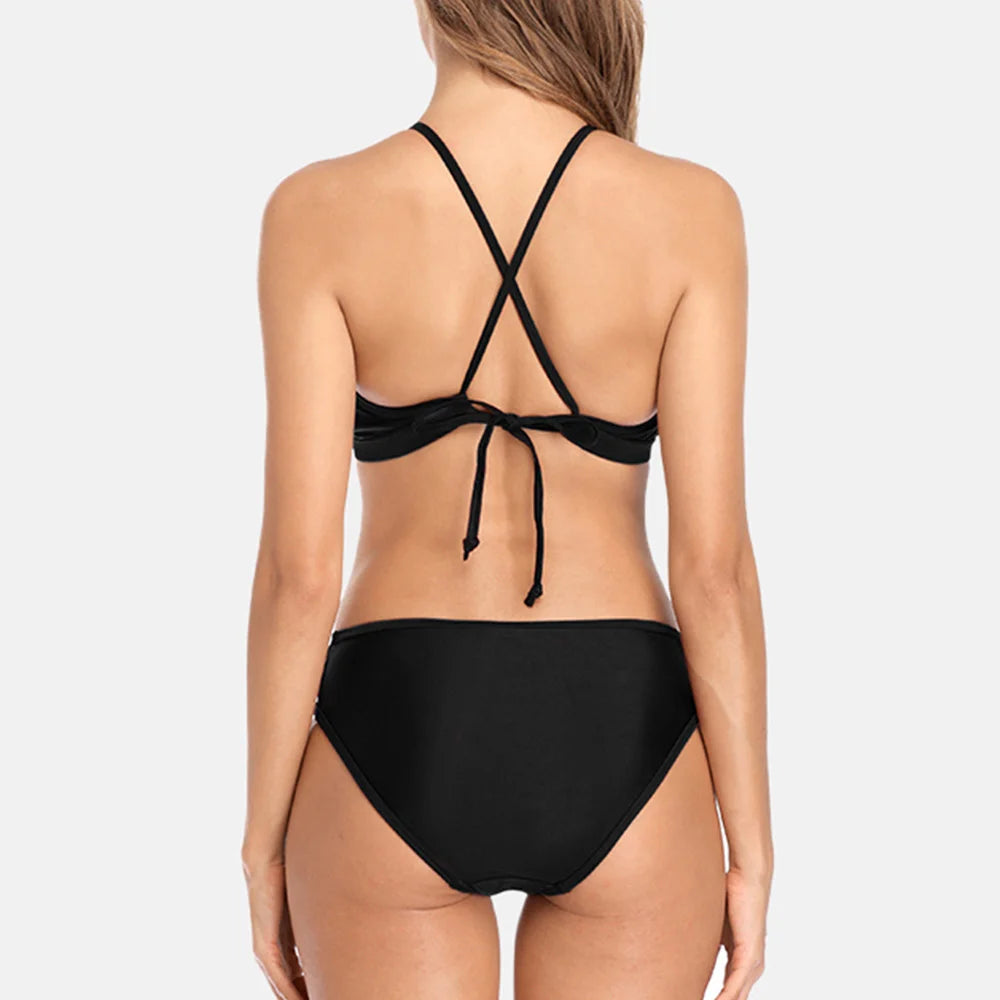 Women's high neck bikini swimsuit by The Clothing Company Sydney featuring hollow-out bandage design, ideal for beachwear.