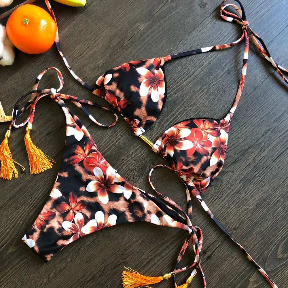 2 Piece Micro Swimsuit Women Feather Print Swimwear Female Bathing Suit Bikini Set The Clothing Company Sydney