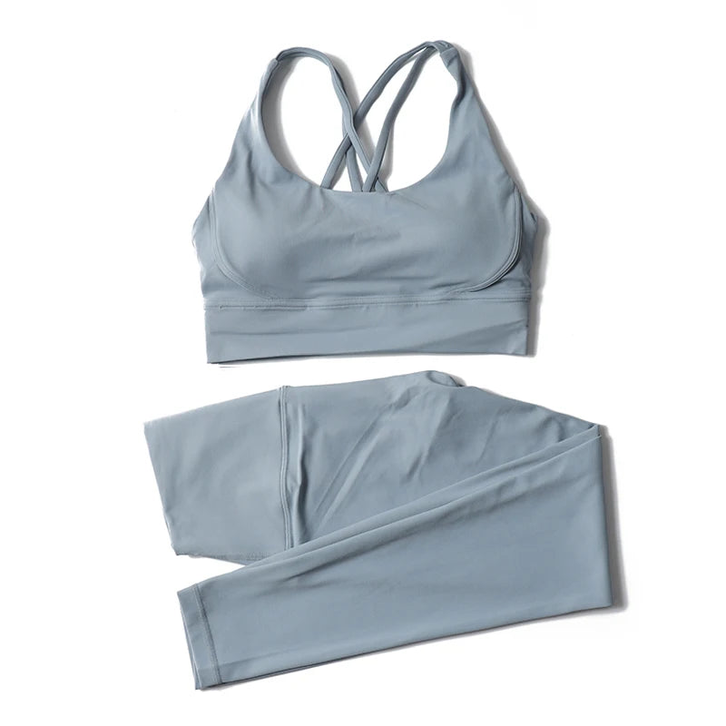 Nylon women's yoga and fitness set with leggings and sports bra, breathable sportswear from The Clothing Company Sydney.