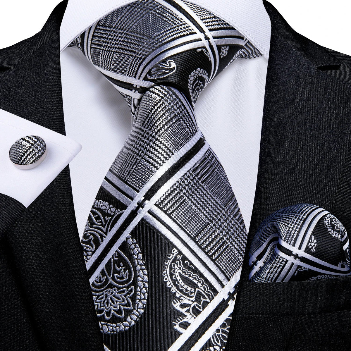 Men's gray paisley silk tie set with matching pocket square and cufflinks, perfect for wedding attire from The Clothing Company Sydney