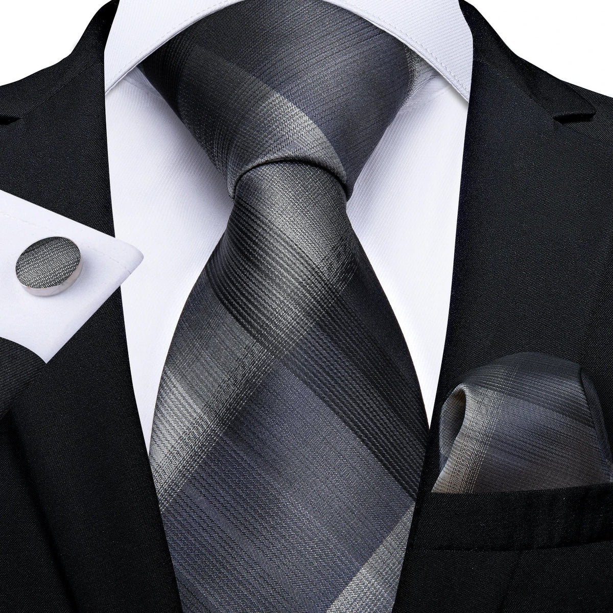 Men's gray paisley silk tie set with matching pocket square and cufflinks, perfect for wedding attire by The Clothing Company Sydney.