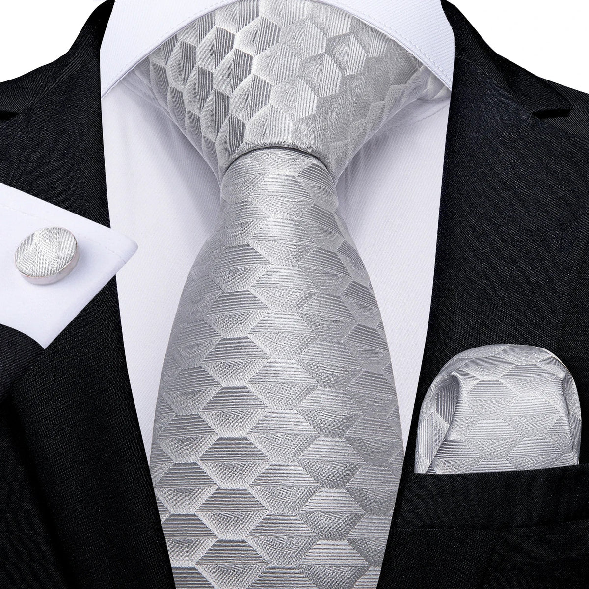 Men's gray paisley silk tie set with matching pocket square and cufflinks, ideal for wedding or formal occasions.
