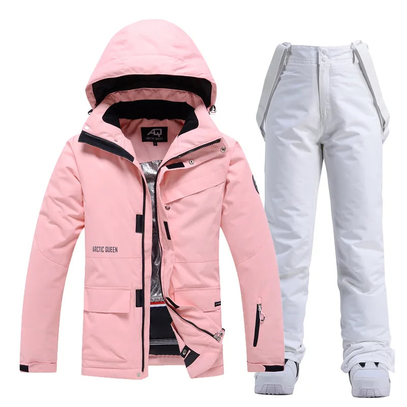 Women's 2-piece ski suit by The Clothing Company Sydney, waterproof waterproof snowboard jacket and pants set for winter sports.