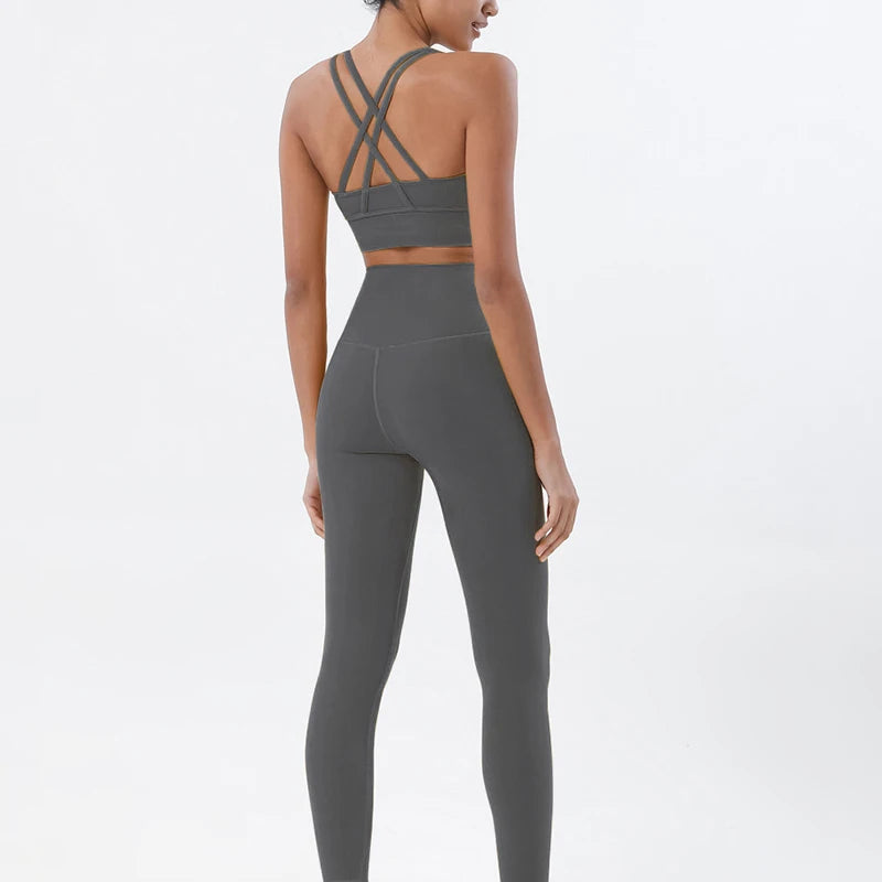 Nylon women's yoga and fitness set by The Clothing Company Sydney, includes breathable sports bra and leggings for gym workouts.