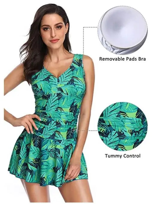 Women’s floral print plus-size modest swim dress by The Clothing Company Sydney, padded one-piece swimsuit for comfortable swimming.