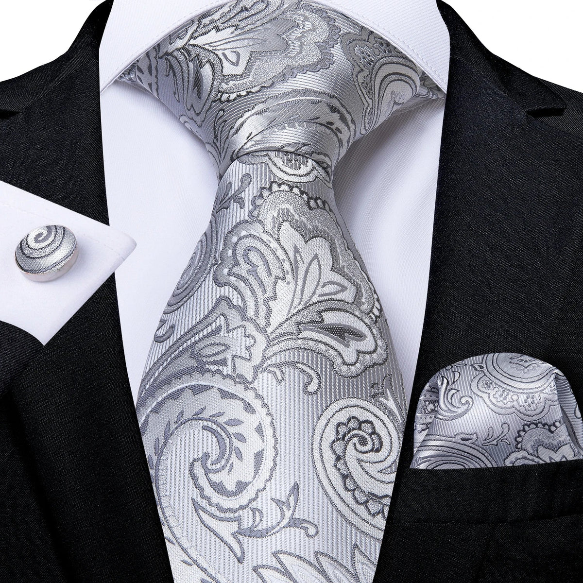 Men's gray paisley silk tie set with matching pocket square and cufflinks, perfect for wedding attire by The Clothing Company Sydney