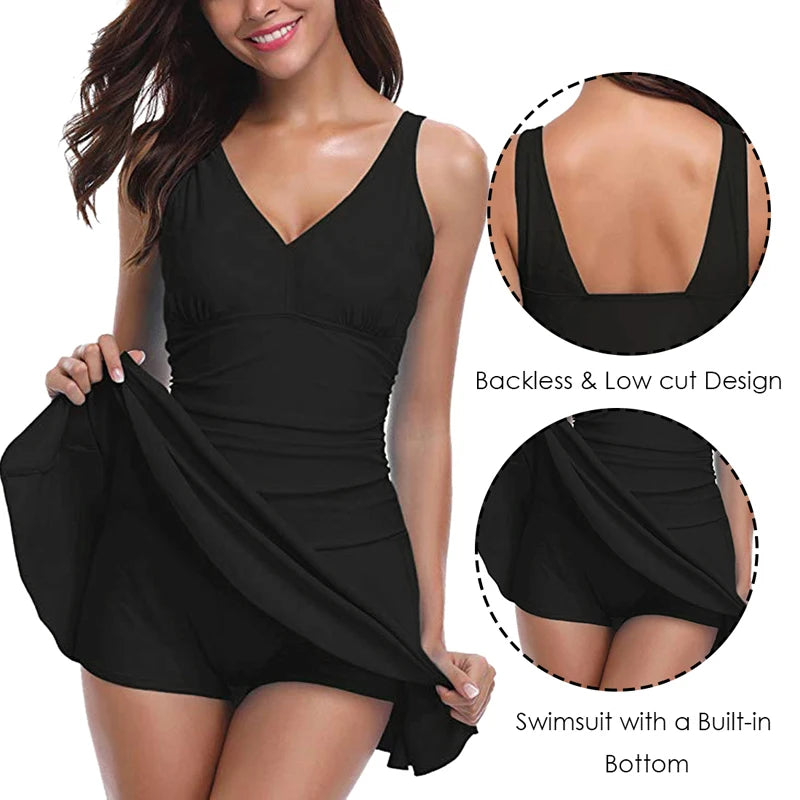 Women’s floral print modest swim dress by The Clothing Company Sydney, plus-size padded one-piece swimsuit for comfortable swimming.